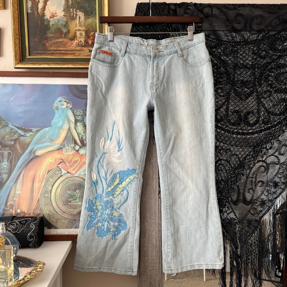 J Secret Womens Y2K Light Blue Denim Floral Beaded Embroidered Capris Large